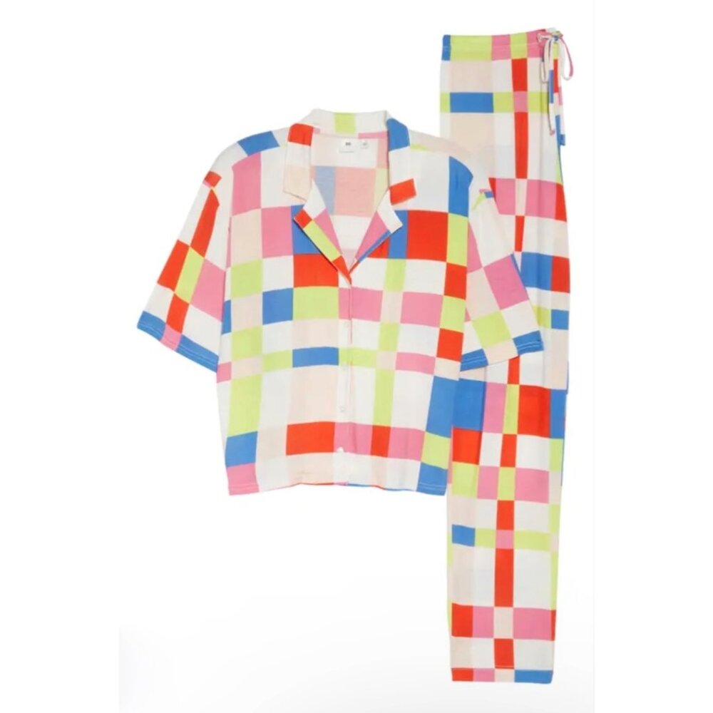 NWT BP NORDSTROM Women's Sleep Head Pajamas in Ivory Egret Happy Plaid Sz Small - Picture 2 of 9